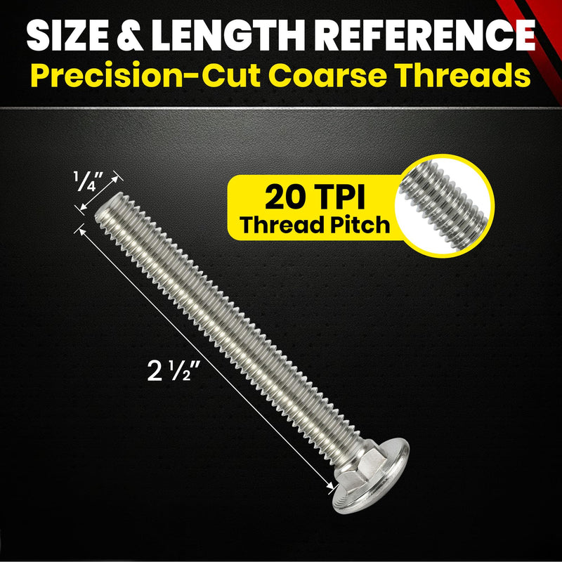 Chenango Supply 1/4-20 x 2-1/2 Stainless Steel Carriage Bolts – 304 Stainless, USS Coarse Thread, 100,000–125,000 PSI Tensile Strength, Corrosion-Resistant Hardware Bolts, (50 Pieces, 1/4-20 x 2.5) 1/4-20x2-1/2