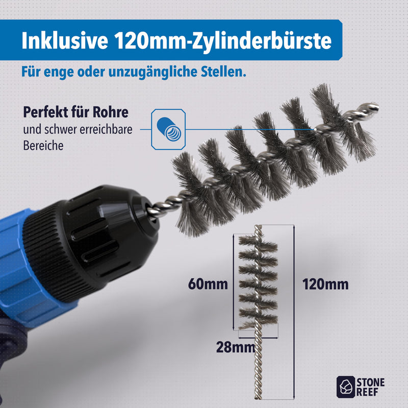 Wire Brush Set 5-Piece 6 mm Shaft for Drill Cordless Screwdriver | 5 shapes: cup brush, 2 round brushes, cylinder brush and end brush - 6mm round shank fits into any common drill chuck
