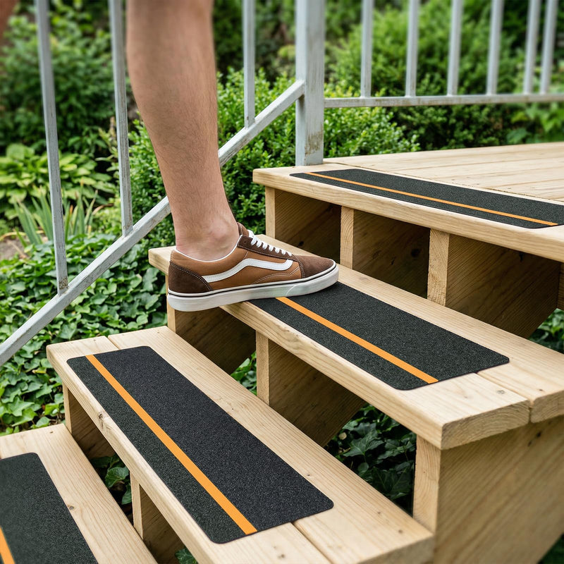 12 Pack Anti Slip Stair Tread with Reflective Stripe, 6" x 24" Black Grip Tape for Stairs, Outdoor Non Skid Tapes, Anti-Skid Tape, High Traction Friction Abrasive Adhesive for Stairs Step