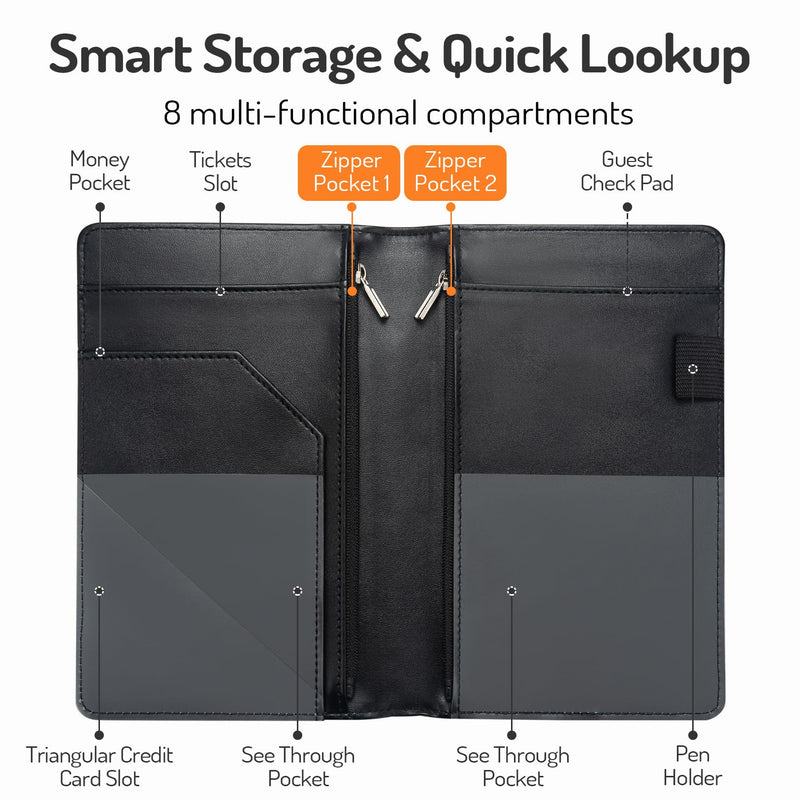 [Australia - AusPower] - Server Book with 2 Zipper Pockets, Leather Server Books for Waitress, Waiter Book, Sturdy Waitress Book with Money Pocket and Zipper, Servers Book Serving Waitress Accessories Fit Server Apron (Black) Black 