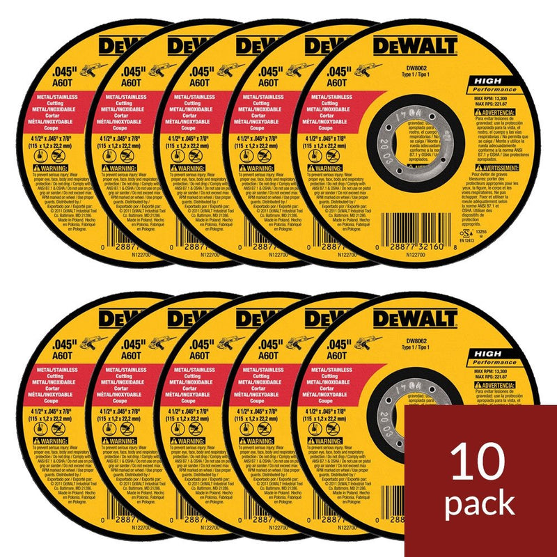 [Australia - AusPower] - DeWalt DW8062 4-1/2"x.045"x7/8" Metal Angle Grinder Thin Cutoff Wheel, 10 Pack 
