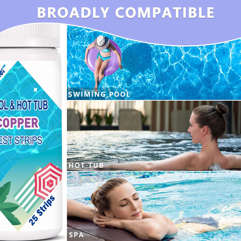 [Australia - AusPower] - Copper Test Strips for Pool Water: 25 Counts Pool Copper Test Kit for Testing Range 0-2 ppm Copper in Swimming Pool Hot-Tub Spa - Pool Metal Test Kit for Above-Ground and Inground Pool Testing Copper 