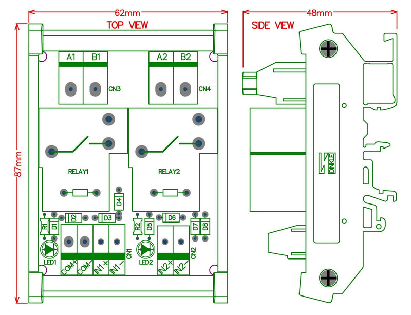 CZH-Labs DIN Rail Mount 12V Passive 2 SPST-NO 30Amp Power Relay Module.