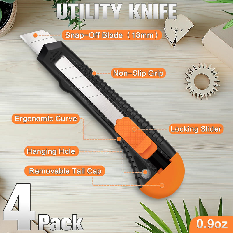 [Australia - AusPower] - 4 Pack Box Cutter, Utility Knife, Box Cutter Retractable with 18mm Snap-Off Blade, Box Cutters for Paper, Plastic, Cardboard, Box Cutter Knife, Razor Knife, Utility Knife Retractable 4 Pack 