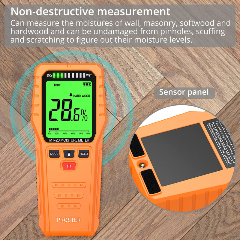 [Australia - AusPower] - Proster Pinless Wood Moisture Meter, Non-Destructive Moisture Detector Moisture Tester Detect up to 3/4 Inch Below Surface, Visual/Audible Alarm, with Storage Case Orange 