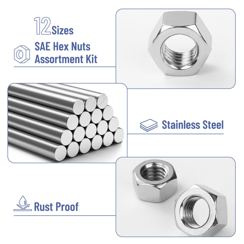 [Australia - AusPower] - Mr. Pen- SAE Hex Nuts Assortment Kit, 405 pcs, Stainless Steel, Hardware Nuts, 1/4-20 Nut Set, 3/8 Nut, 5/16 Nut, 3/8 Nuts, 10-32 Nut, 5/16 Nuts, 1/4 Nuts, 5/16-18 Nut, 1/4-20 Nuts, 6-32 Nut 