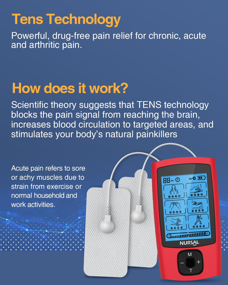 [Australia - AusPower] - NURSAL 24 Modes TENS Unit Muscle Stimulator, Rechargeable Electronic Pulse Massager with 8 Pads for Back and Shoulder Pain Relief and Muscle Strength (Red) 