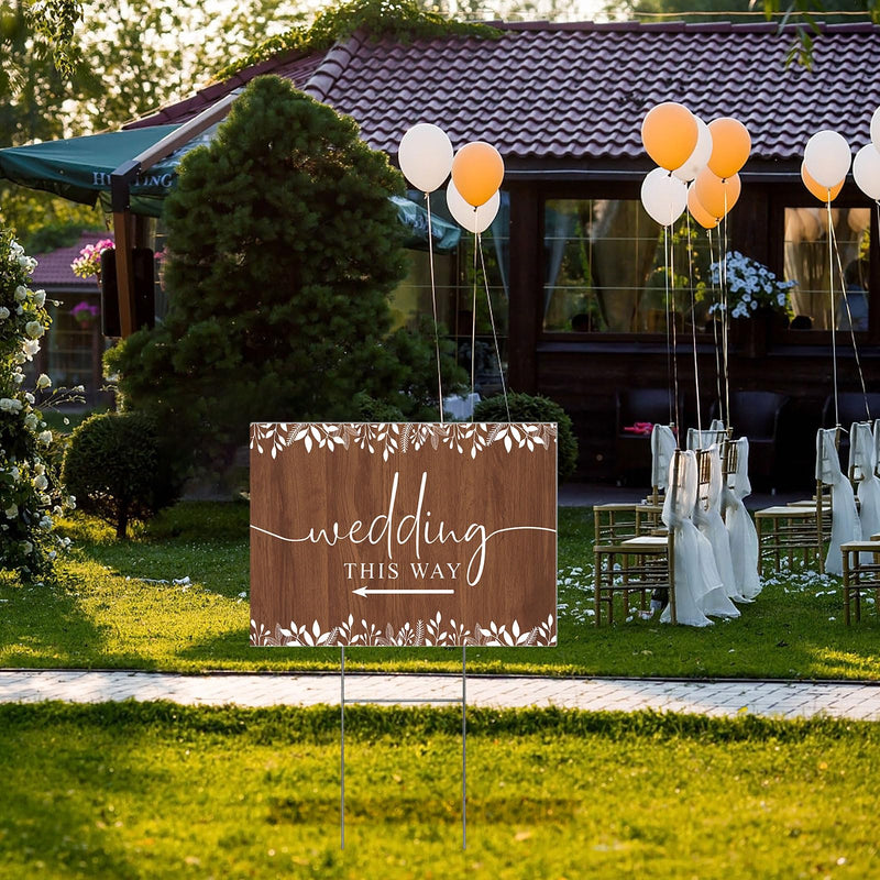 3 Pack 17''×12.5'' Wedding This Way Signs Double Sided Printed Wedding Directional Parking Sign with Stakes for Ceremony Reception Lawn Yard Arrow Signs Plastic Rainproof Party Supplies,Rustic Brown 17” x 12.5”