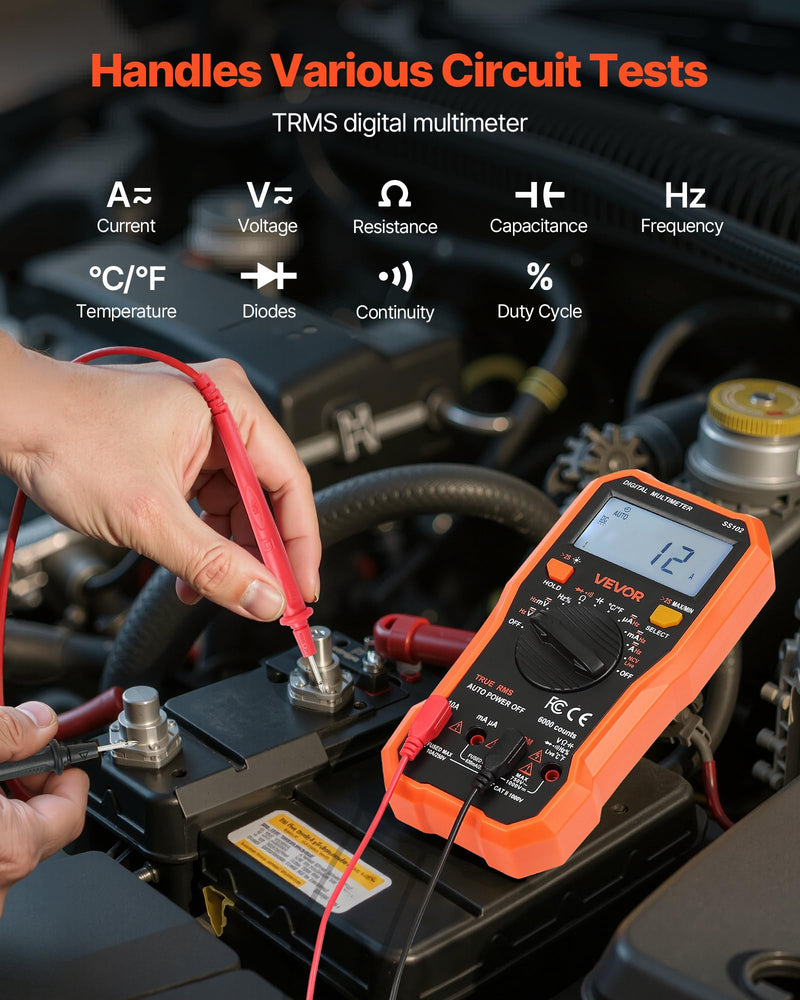 [Australia - AusPower] - VEVOR Digital Multimeter, 6000-Count TRMS DC/AC Voltmeter Current Tester, Professional NCV Multimeter for Current Voltage Resistance Capacitance Duty-Cycle Tempetature Diodes Continuity Live Wire Test 