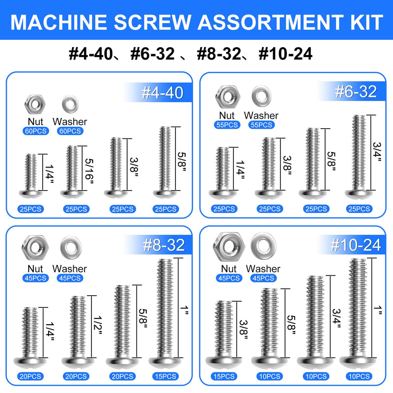 730Pcs Machine Screws Nuts and Bolts Assortment Kit, 304 Stainless Steel Bolts 16 Sizes #4-40#6-32#8-32#10-24 Phillips Pan Head Hardware Screws Assortment Kit with Nuts and Washers SAE #4-40 #6-32 #8-32 #10-24