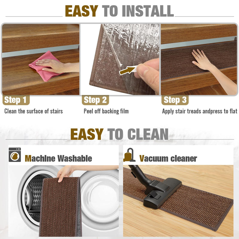 SMILOOL Stair Treads Non Slip for Wooden Steps Indoor 9" x 30" 4 Pack Extra Wide Stair Tread Carpet Stairs Runner, Step Pads with Reusable Adhesive for Dogs Kids Elders, Machine Washable, Brown 9 x 30 inch