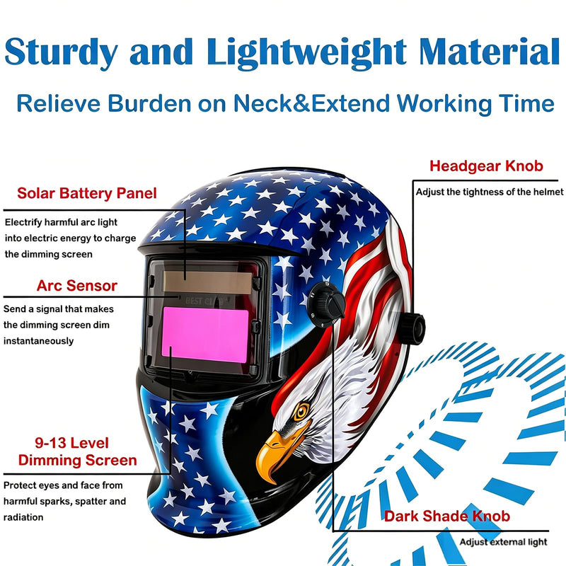 Welding Helmet Auto Darkening : BESTCLUB True Color Solar Powered Hood with Adjustable Shade Range 4/9-13 for Mig Tig Arc Welder Mask Flag Eagle II