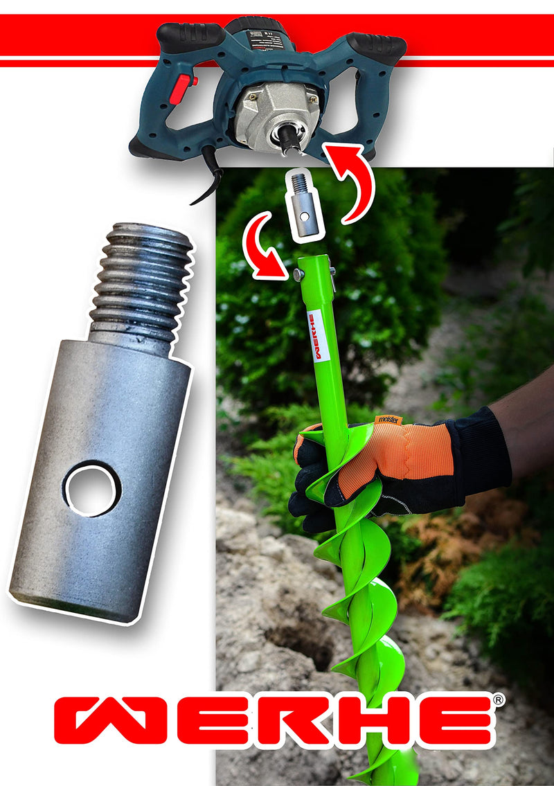 WERHE M14 Adapter for Earth Drill, High Carbon Steel Agitator Adapter for Garden | Compatible with Bosch, Makita, Einhell Drills for Fences, Posts and Trees, 6 x 2 x 2 cm, 100 g, Rustproof