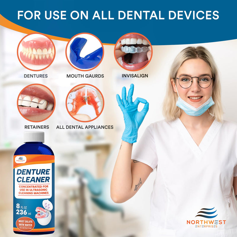 Ultrasonic Denture Cleaner - Denture Cleaner for All Types of Dentures - Denture Cleaning Solution Removes Stains, Plaque, Grime, and Build-up (16 Ounces) 16 Ounce