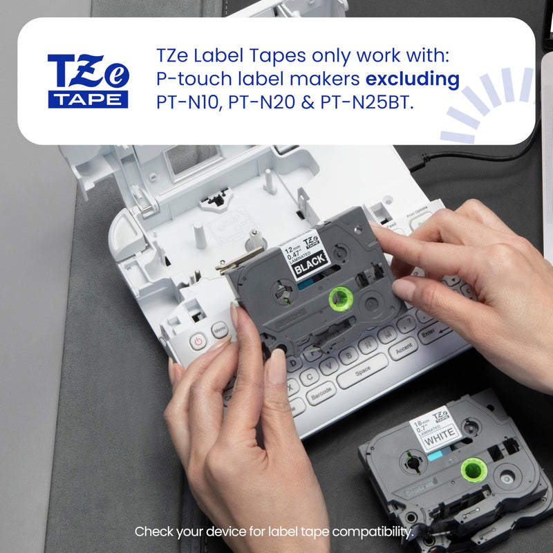 Brother Genuine TZe241~3/4" 2PK Black Print on White Label Tape. Each: 0.7 in x 26.2 ft (18 mm x 8 m) Total: 0.7 in x 52.4 ft (18 mm x 16 m) Black on White Pack of 1 Laminated Label Tape New Packaging (Pack of 2)