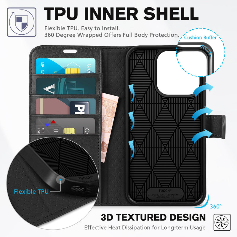 [Australia - AusPower] - TUCCH Case for iPhone 15 Pro Wallet Case, RFID Blocking [4 Card Holder] Kickstand [Shockproof TPU Inner Shell] PU Leather Magnetic Protective Flip Cover Compatible with iPhone 15 Pro 6.1" 2023, Black 