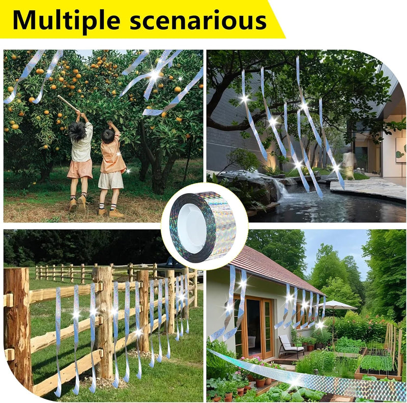 Bird Scare Reflective Tape, 328 ft Roll, Double-Sided Flash Tape for Sparrows and Woodpeckers, Outdoor Bird Deterrent for Gardens, Farms, Orchards, Homes