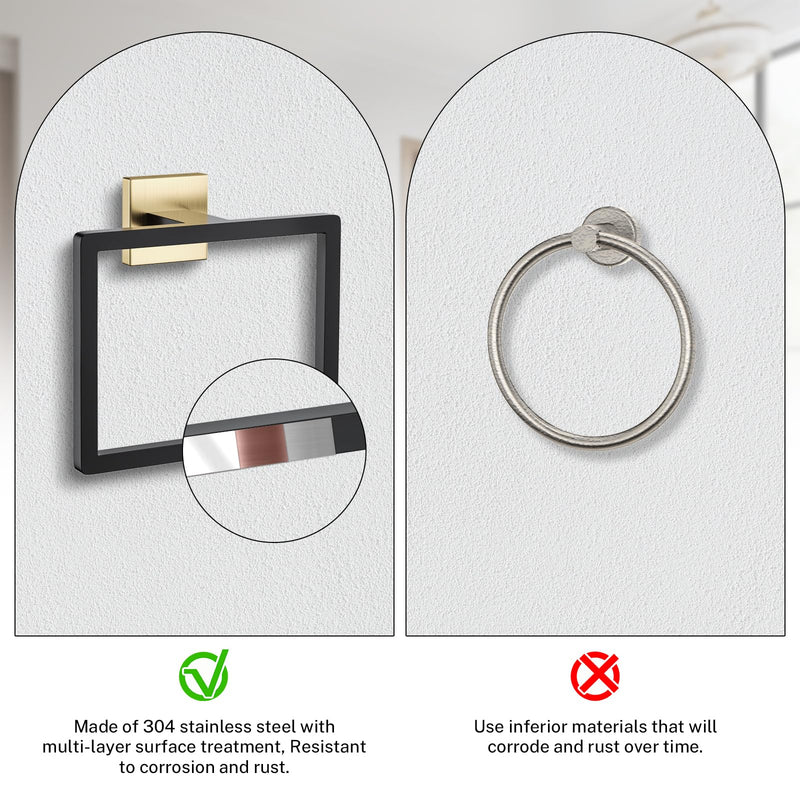 2-Piece Black Gold Towel Ring,Hand Towel Holder,Modern Towel Holder Stainless Steel Towel Rack Wall-Mounted Bathroom Towel Ring Black&gold 2 Pcs