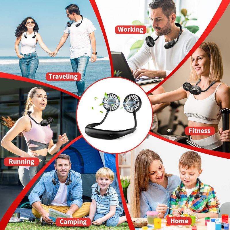 [Australia - AusPower] - RJVW Portable Neck Fan, Hand Free Personal Hanging Neck Sports Fan USB Rechargeable (3 Speed Adjustable) Wearable Cooling Head Fan,360 Degree Free Rotation for Traveling, Sports, Office, Reading Full Black 