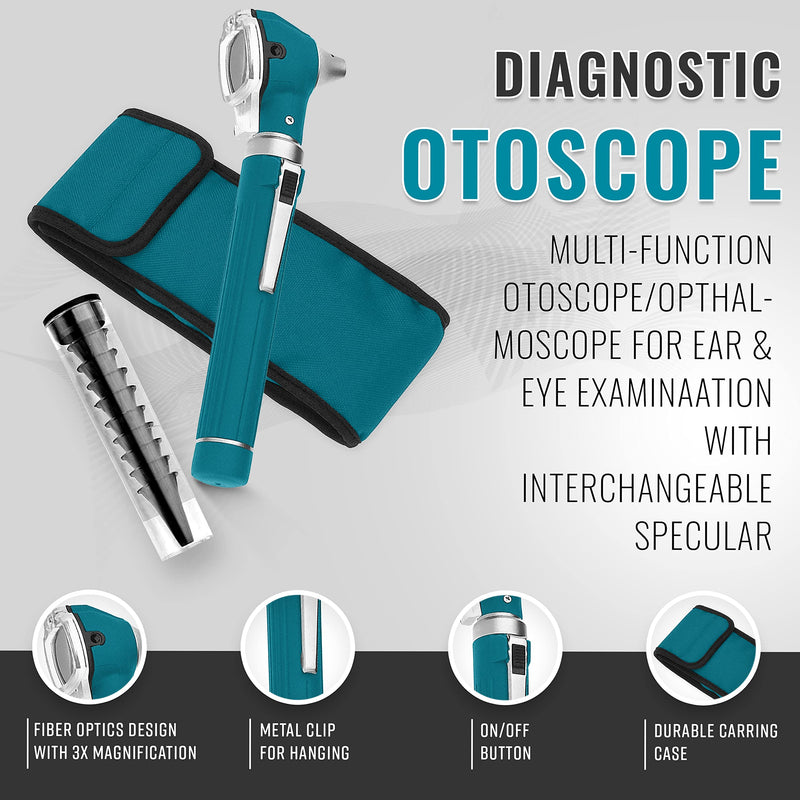 [Australia - AusPower] - SURGICAL ONLINE Fiber Optic Mini Otoscope Rainbow Many Colors - Pocket Otoscope with Case ENT Diagnostic Set w/Extra Bulb Included (Teal) 