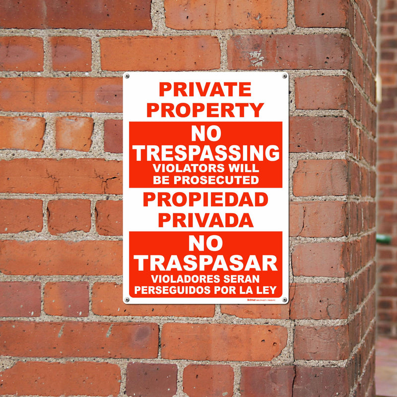 Brimar - 10" x 14" - Bilingual Violators Prosecuted No Trespassing Sign - .040″ Rust-Free Aluminum - Easy Installation - High Visibility 10"x14" Violators Prosecuted (Red)