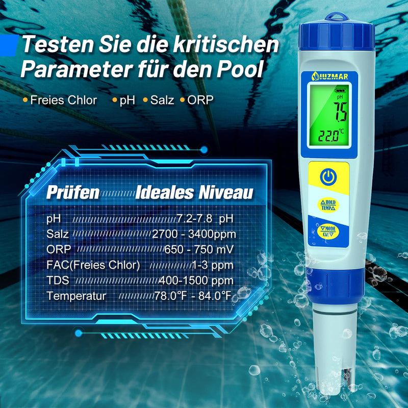 [Australia - AusPower] - UIUZMAR Digital pH and Chlorine Meter, Pool Water Tester for Whirlpool, pH and Salt Content Meter for Swimming Pools, 7 in 1 pH Salt Chlorine ORP EC TDS Temperature Tester for Hydroponics Aquariums 7 in 1 gauge 