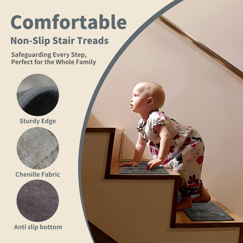 Non-Slip Carpet Stair Treads 4PCS, 8"x30" Peel and Stick Stair Runner for Wooden Steps Indoor, Washable Reusable Adhesive Backing, Pet-Friendly Safety Mats for Kids, Elders, Dogs 8inch x 30inch Slate Blue l Olive Brown 4