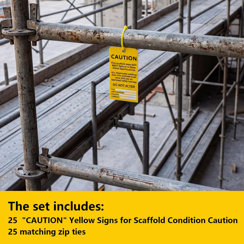 25 Pack Scaffold Status Tags with Cable Ties Yellow Caution Scaffold Tag Laminated Cardstock Safety Inspection Warning Signs 3 x 6 Inches, Weatherproof Tear-Resistant Yellow Tags