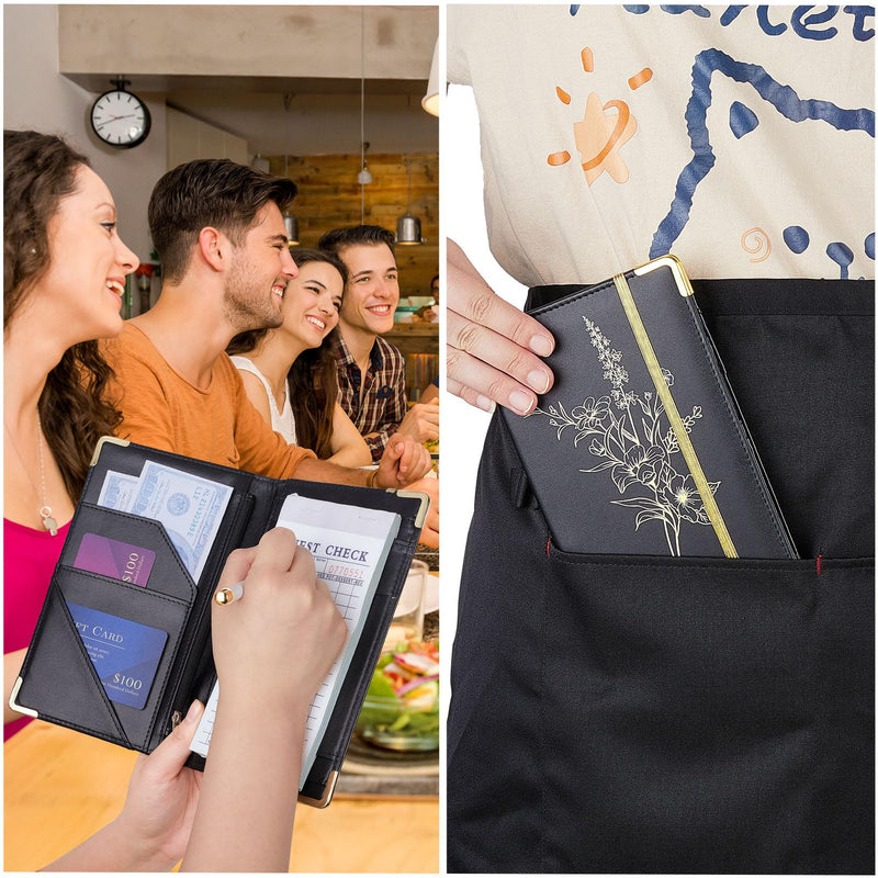 [Australia - AusPower] - Server Book, PU Leather Server Books for Waitress with Zipper Pockets, Waitress Book with Pen Holder Fit Server Apron Check Presenters for Restaurants Black 