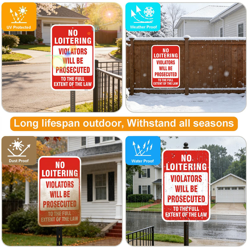 2 Pack No Loitering Signs, 18 x 12 Inch Violators Will Be Prosecuted Sign, No Loitering To The Full Extent Of The Law, Reflective Rust-Free Aluminum, UV Protected Weatherproof for Home & Business.