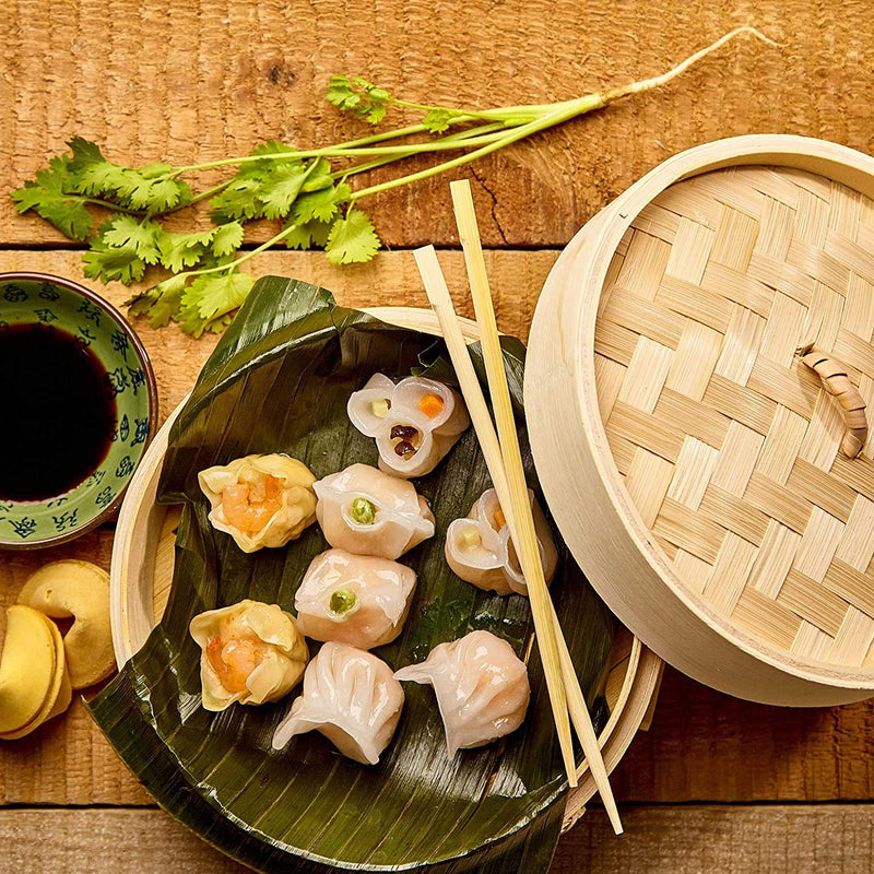 Handmade Steam Basket Bamboo Steamer 10 Inch, 2 Tiers Chinese Food Bamboo Steamers for Cooking, Steam Baskets Dumplings Vegetables Chicken Fish Rice, Reusable 2 Gauze Liners and Chopsticks