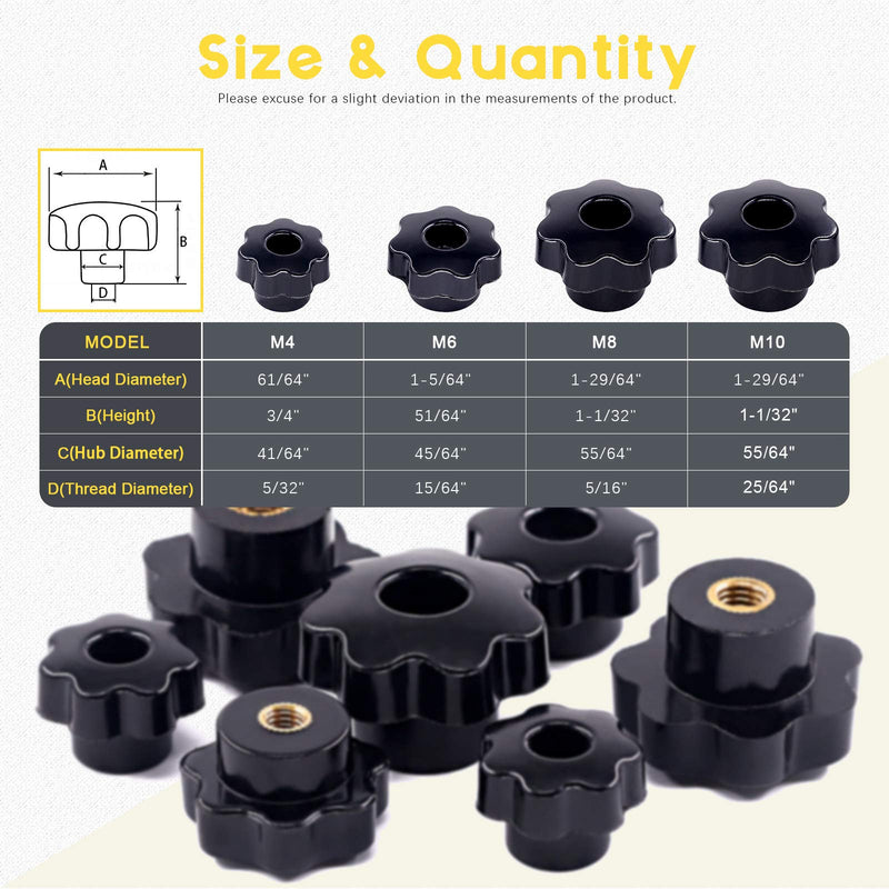 [Australia - AusPower] - Thru Hole Star Knobs Nuts Assortment Black Plastic Handle Clamping Knobs Brass Female Thread (Assorted Sizes x 32pcs) Assorted Sizes x 32pcs 