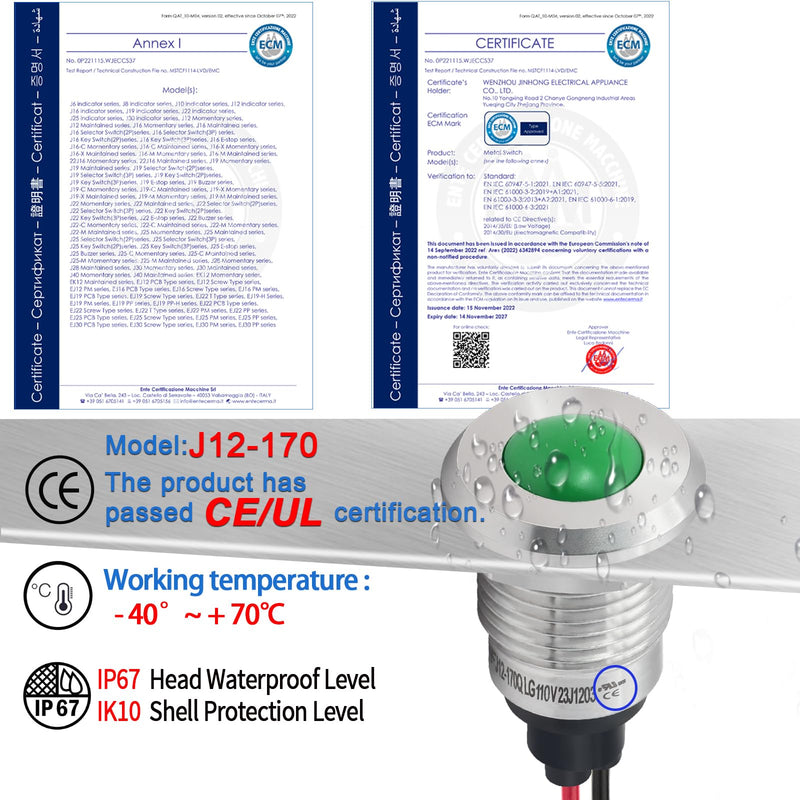 [Australia - AusPower] - Indicator Light 12mm 0.47" LED Lamp with 140mm/5.5" Wire Pilot Lights Waterproof IP67 Metal Stainless Steel Signal Indicator Lamp Panel 2PCS (Green, 110V-120V AC/DC) Green 