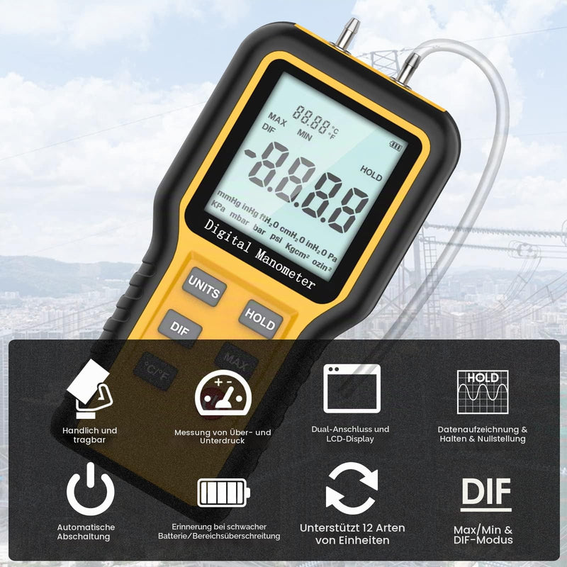 Differential Pressure Gauge Gas Pressure Gauge Dual Port Professional Pressure Gauge Air Pressure Meter 12 Selectable Units Differential Pressure Gauge with Battery & Backlight HVAC Yellow (12 units)