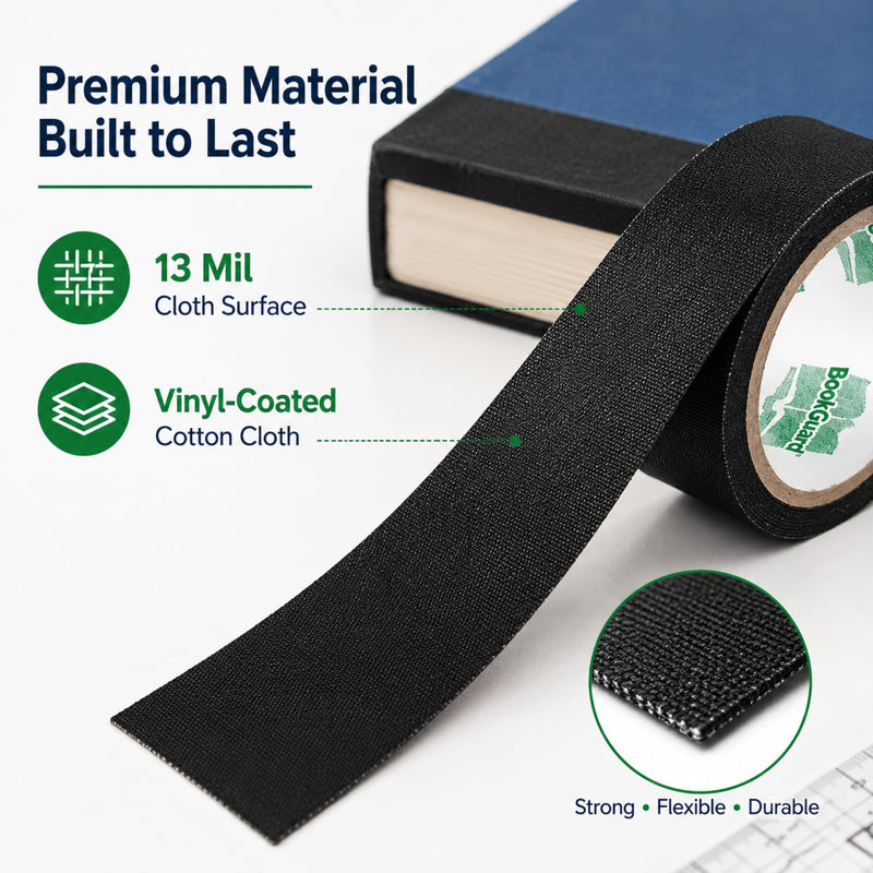 BookGuard Black Bookbinding Tape, 1-1/2 Inch x 15 Yards, 13 Mil Vinyl-Coated Cotton Cloth Book Repair Tape for Book Spine Repair, Library Books, School Books, Hymnals and Bibles 1.5" Wide