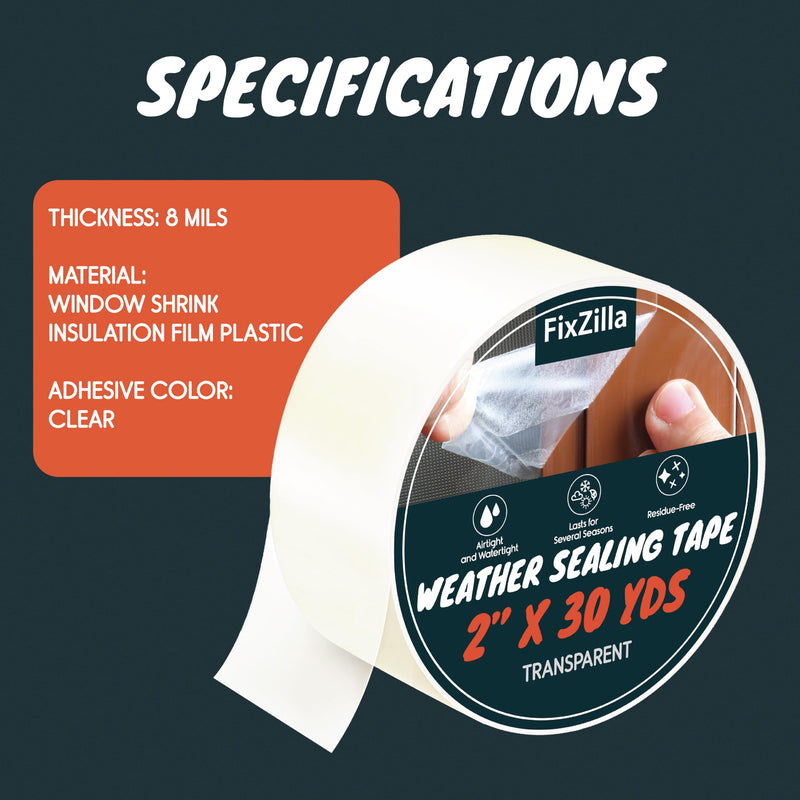 FixZilla Window Sealing Tape for Winter 2 Inch x 90 Feet Clear Window Insulation Tape Seal for Clear Plastic Film Insulation, AC Conditioner Unit Gap Seal- Residue-Free, Heavy-Duty, and Wood-Safe