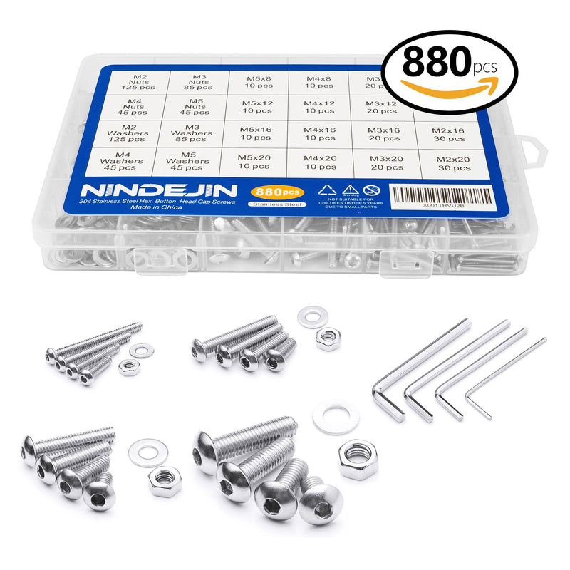 [Australia - AusPower] - NINDEJIN Metric Button Head Socket Cap Screw Bolts & Flat Washers & Nuts Assortment Kit M2 M3 M4 M5 Stainless Steel Machine Screws Set and Wrench, 880 PCS 880 Hex Round Head Socket Screws Nuts 