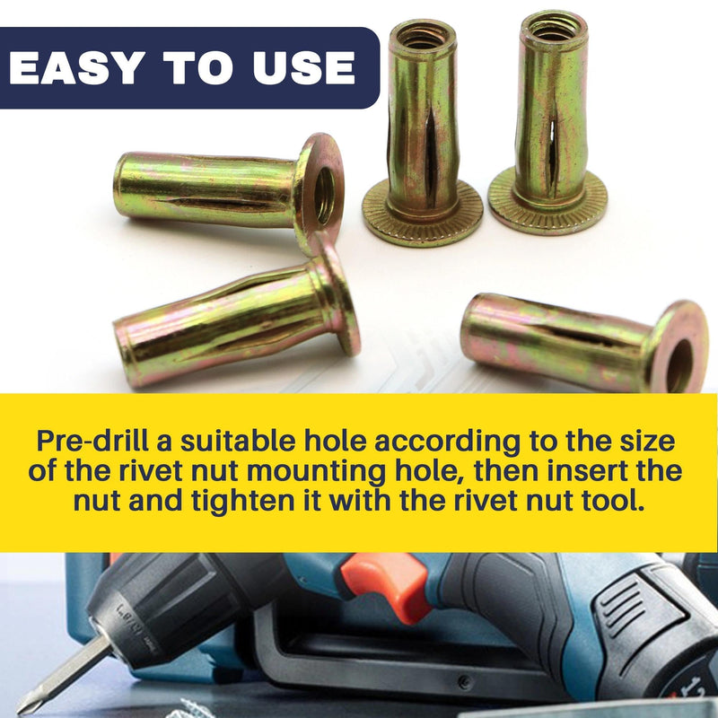 [Australia - AusPower] - 50 Pack 1/4-20 Multi-Grip Rivet Nuts - Zinc-Plated Steel Construction Fasteners - Pre-Bulbed Shank - Flat Head Threaded Insert Plus Nut - Ideal for Household Items, Automobiles 50 Pack 