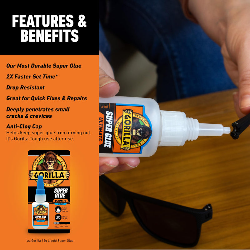 Gorilla Super Glue Ultimate, Fast-Setting Cyanoacrylate Adhesive for Quick Fixes & Repairs, 15g Bottle with Anti-Clog Cap, Clear (Pack of 1) 15g (Pack of 1)