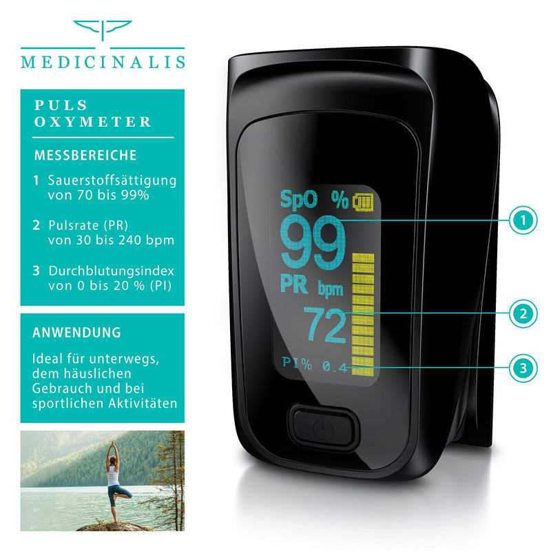 [Australia - AusPower] - Medicinalis - Finger Pulse Oximeter - SpO2 Pulse Monitor - Measures Pulse and Oxygen Saturation on Finger - OLED Display - Battery Indicator - Alarm - One-Touch Operation B: black 