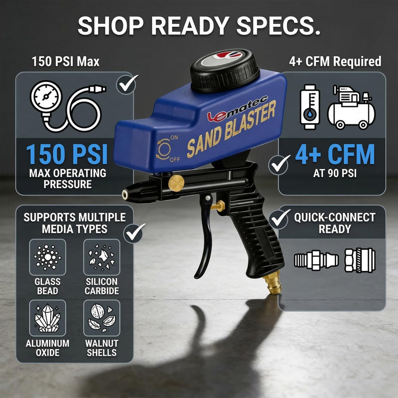 LE LEMATEC Sand Blaster Gun Kit for Air Compressor, Pistola de Arena | Portable handheld sandblaster, ceramic nozzle, 90 PSI 4 CFM, rust paint removal, auto restoration Ceramic Nozzle Blue