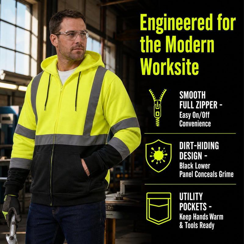 SRsafety Hi Vis Safety Hoodie Fleece Reflective Class 3 Sweatshirt | Hi Vis Pullover Hoodie Black Bottom Utility Pockets & Drawstring Hood XX-Large Lime Zipper