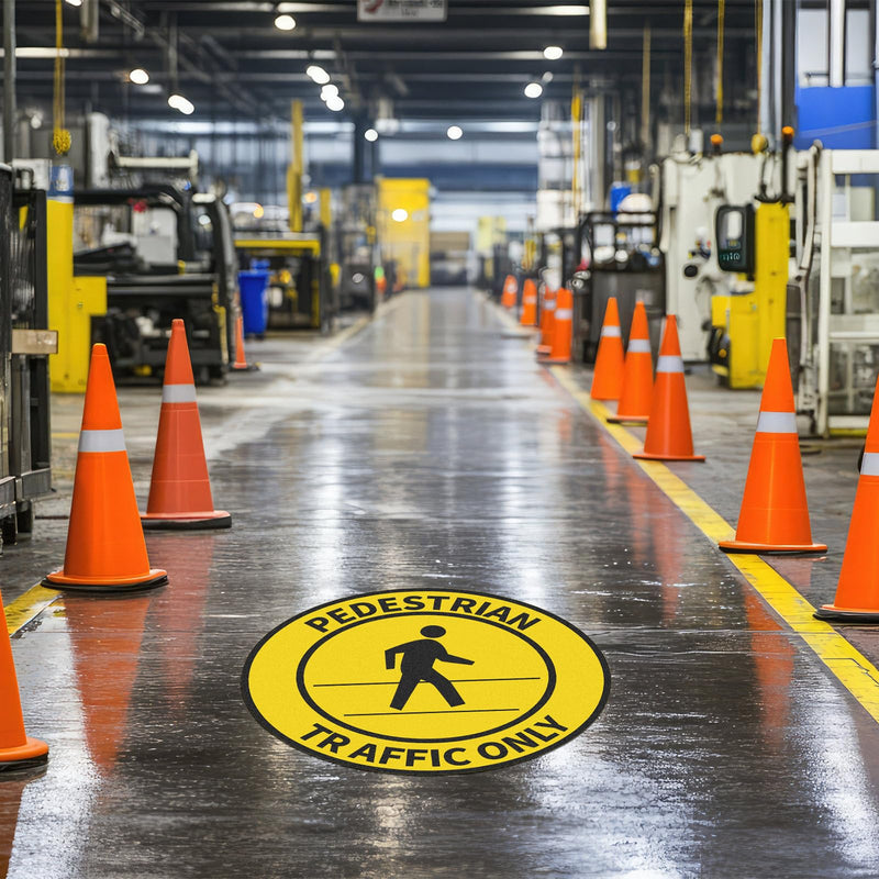 5 Pack Pedestrian Traffic Only Sticker Sign 17 Inch Round Pedestrian Safety Caution Sign Peel and Stick Adhesive Vinyl Anti-slip Floor Sticker 5 Non-reflective