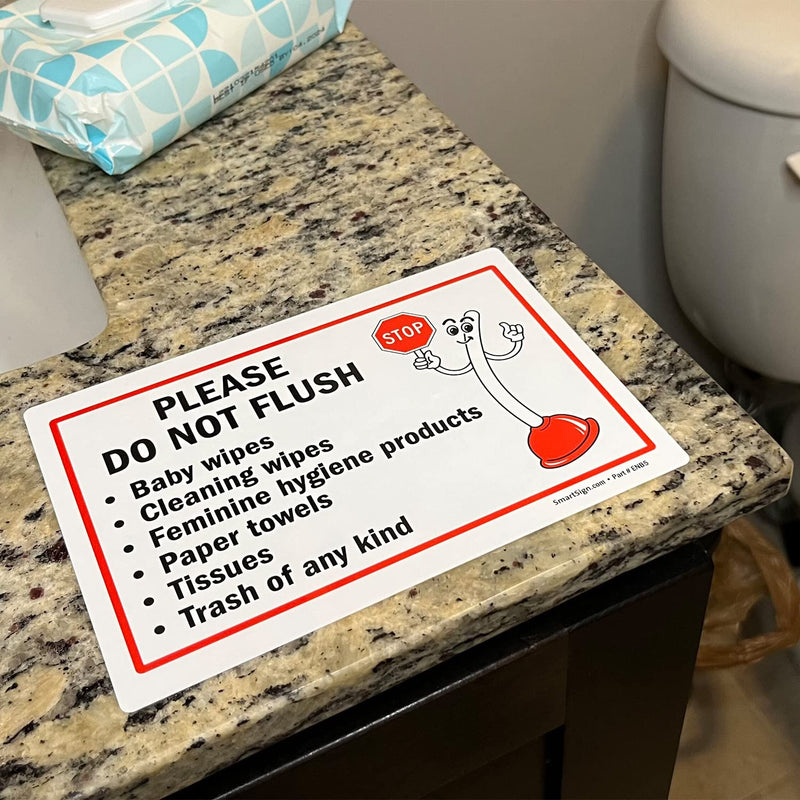 [Australia - AusPower] - SmartSign 5 x7" Funny Please - Do Not Flush Wipes, Feminine Products, Paper Towels, Tissues, Trash Sticker Labels Pack of 4, 5 mil Laminated Polyester with SuperStick Adhesive, Red Black White 5" x 7" - SuperStick Label 