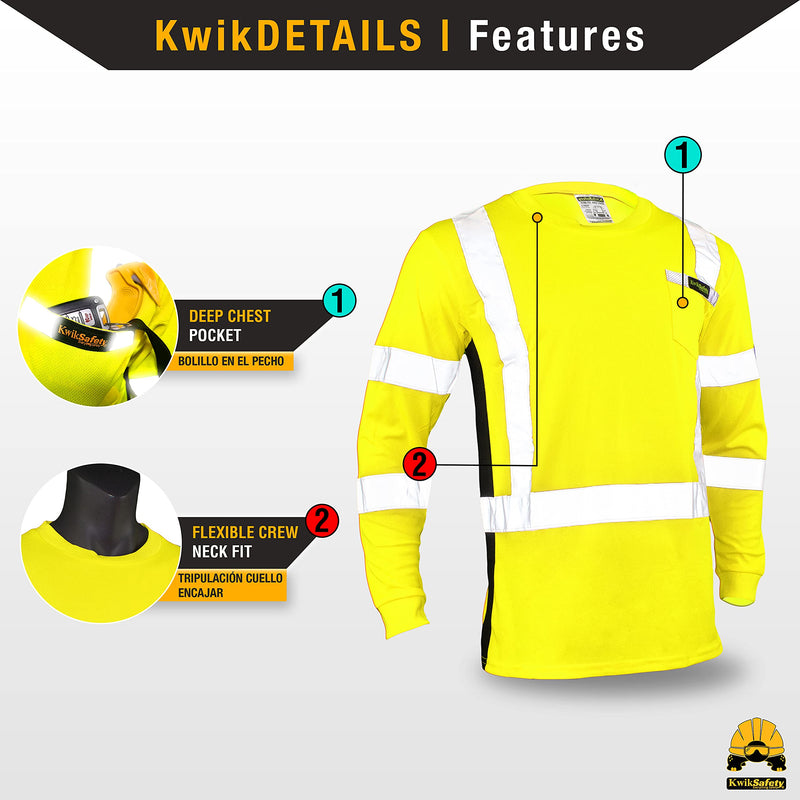 KwikSafety - Charlotte, NC - Operator Long Sleeve Safety Shirts [Solid Reflective Tape] Class 3 ANSI Tested OSHA Small Basic Tape | Yellow
