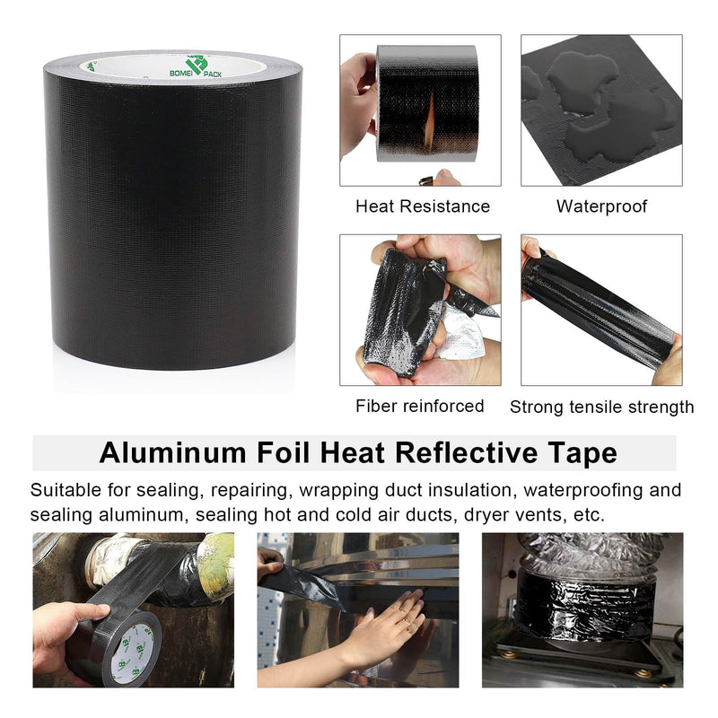 BOMEI PACK Adhesive Black Aluminum Foil Heat Shield Tape Barrier 5in x 66ft, Fiberglass Thermal Insulation Reflective Material High Temp Protection 1 Pack 5inch x 66ft