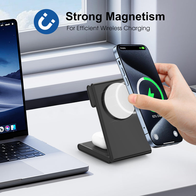 [Australia - AusPower] - 3 in 1 Wireless Charging Station for Multiple Devices, Fast Foldable Travel Mag-Safe Stand for iPhone 15 14 13 12 Pro Max/Plus/Pro/Mini, Magnetic Charger for Apple Watch/AirPods Pro with 20W Adapter Upgraded Black 