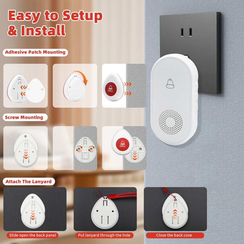 Wireless Caregiver Pager SOS Call Button for Elderly Monitoring 1000+ Feet Life Alert，Emergency Alert System Call Bell for Nurse Patient Disabled 1 Waterproof Transmitter & 1 Plugin Receiver