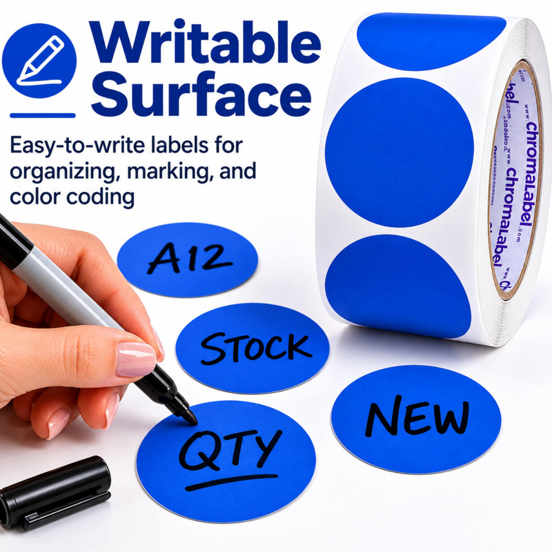 ChromaLabel Blue Dot Stickers, 2 Inch Round Color Coding Labels, 500/Roll, Writable Permanent Adhesive Circle Stickers for Inventory, Warehouse, Classroom, Moving Boxes, Office, Bins & Shelves 2" Dark Blue