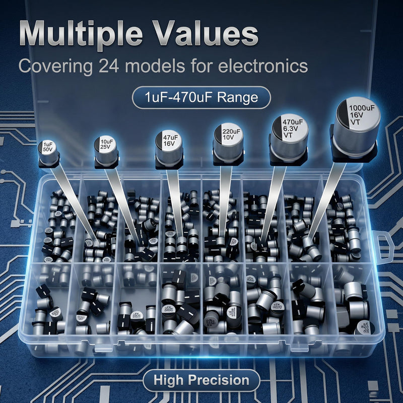 400 Pcs 24 Values 1uF-1000uF SMD Aluminum Electrolytic Capacitor Kit Assortment with Storage Box, ±20% Tolerance, -40℃ to 105℃ for DIY Repair LED Electronic Projects 400